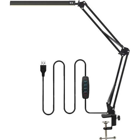 Schwarze Led-schreibtisch- Und Leselampe Mit Usb-anschluss, Schwenkarm Und Klemme, Dimmbar, 3 Farbmodi, Augenschutz