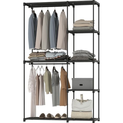 Stoffkleiderschrank Mit Kleiderstange Und Einlegeböden. Für Schlafzimmer Oder Ankleidezimmer. 111 X 43 X 185 Cm. Schwarz.