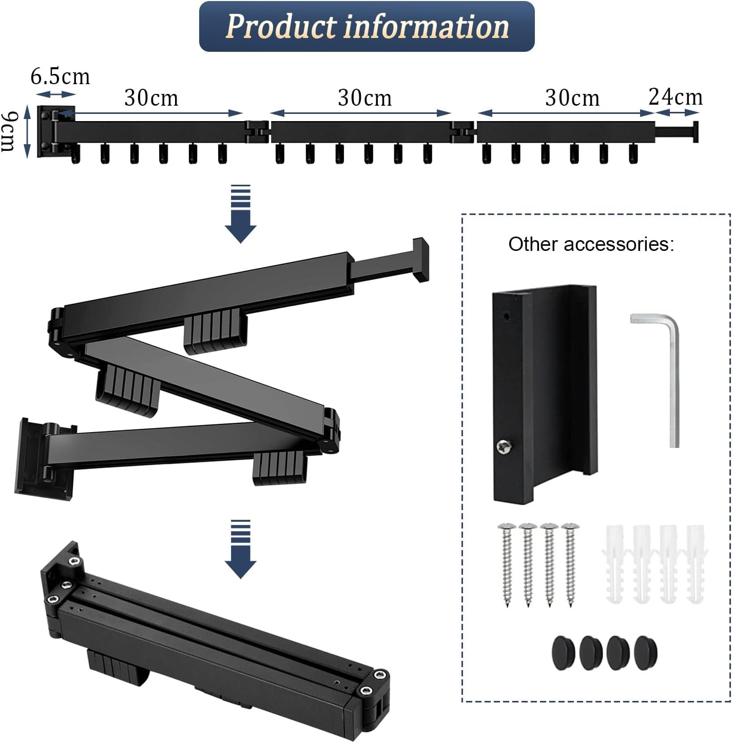 120 Cm Wand-wäschetrockner, Zusammenklappbarer Wäscheständer Für Den Innenbereich, Wand-wäschetrockner Mit 12 Haken, Wand-wäscheständer Für Balkon, Wäscherei, Badezimmer, Schlafzimmer (schwarz)