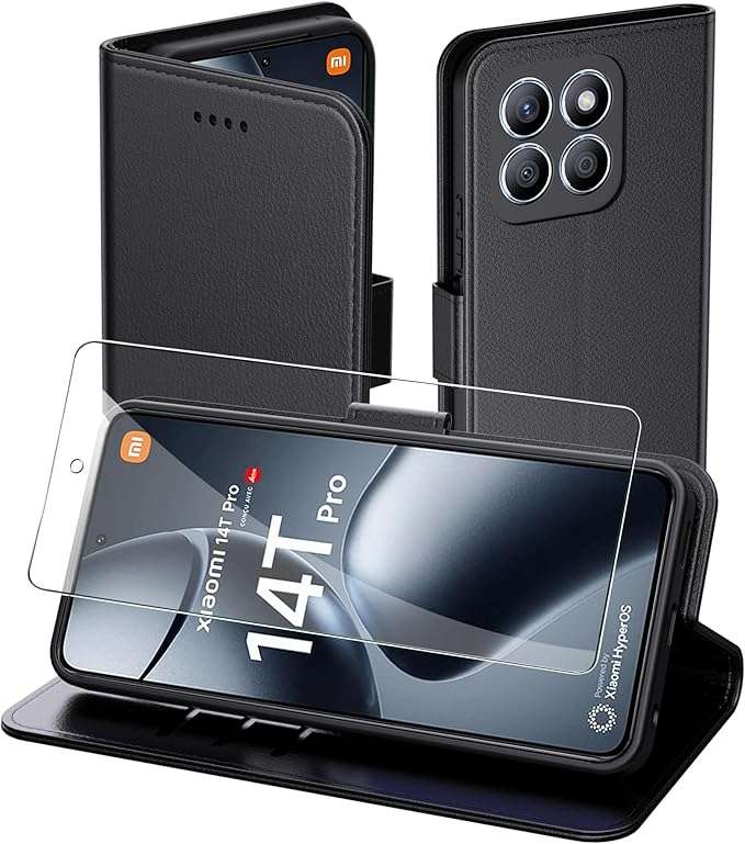 Flip Case Wallet Cover Für Xiaomi 14t Pro Schutzglas Schwarz
