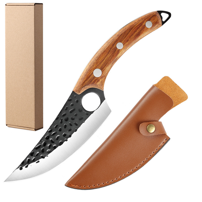 Machete Mit Handgeschmiedetem Rosenholzgriff, Multifunktional Für Fleisch Und Fisch (scheide Aus Pu-leder, Box Aus Rindsleder)