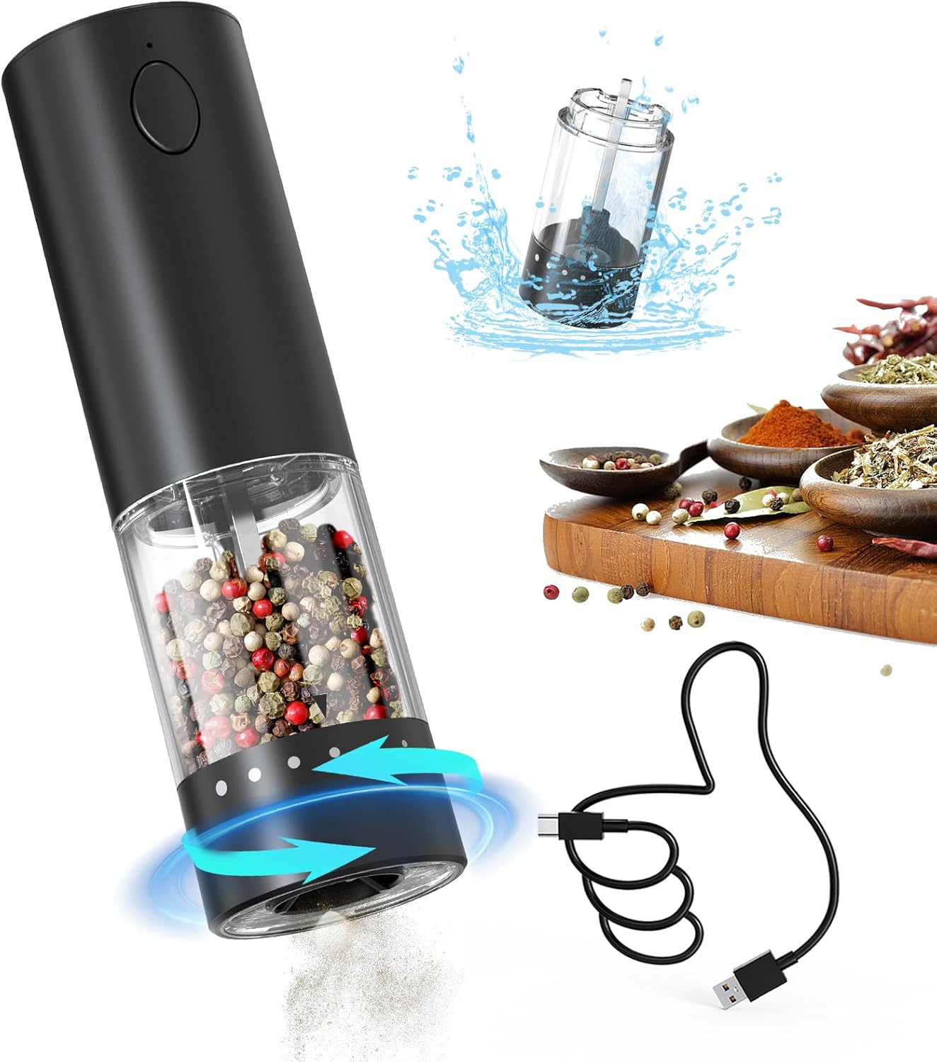 Wiederaufladbare Elektrische Pfeffermühle, Gewürzmühle Mit Transparentem 95-ml-behälter, Weißem Led-licht Und Extern Einstellbarer Grobheit, Schwarz