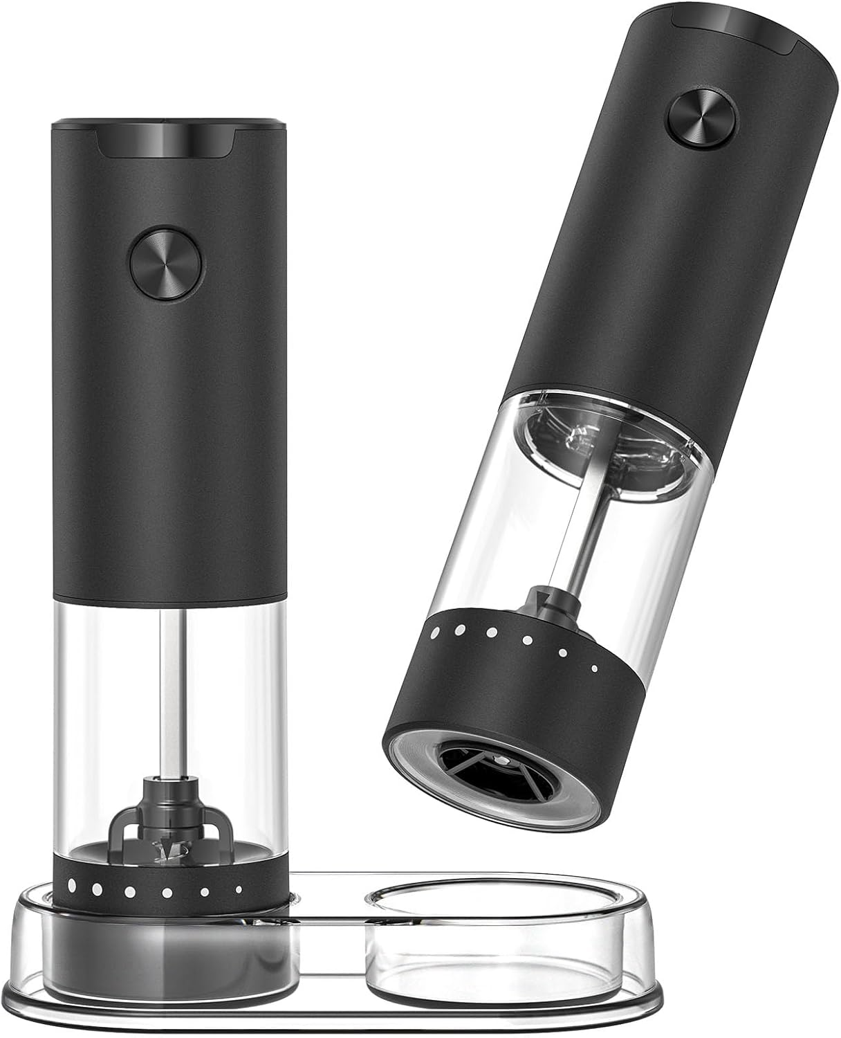 Elektrisches Salz- Und Pfeffermühlen-set, Batteriebetriebene Gewürzmühle Mit Sockel, Transparentem 95-ml-behälter, Weißem Led-licht Und Extern Einstellbarer Grobheit, Schwarz
