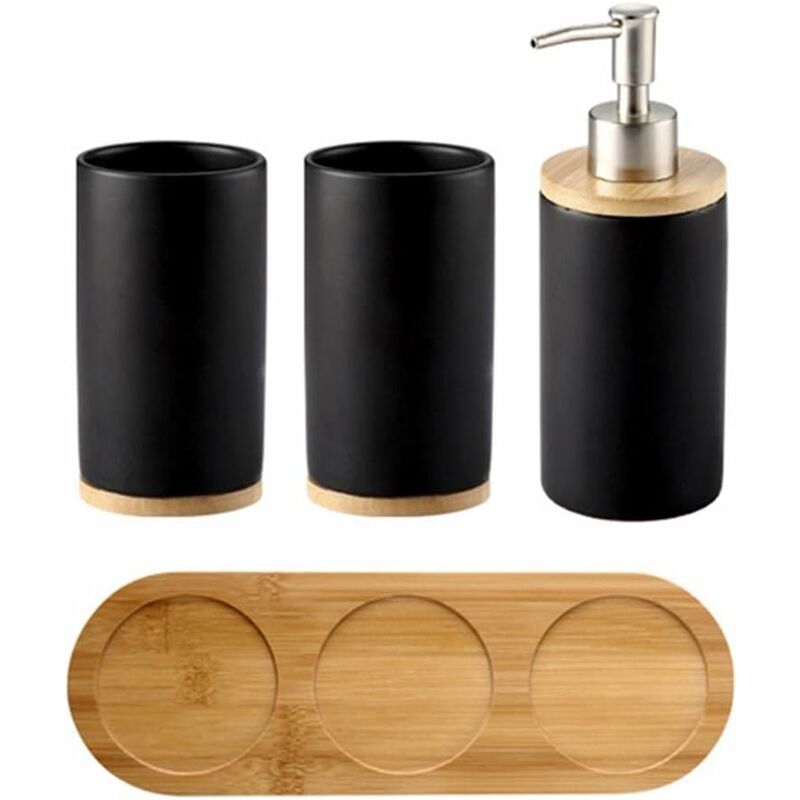 4-teiliges Keramik-badezimmer-accessoire-set: Zahnbürstenhalter, Seifenspender, Becher, Bambustablett