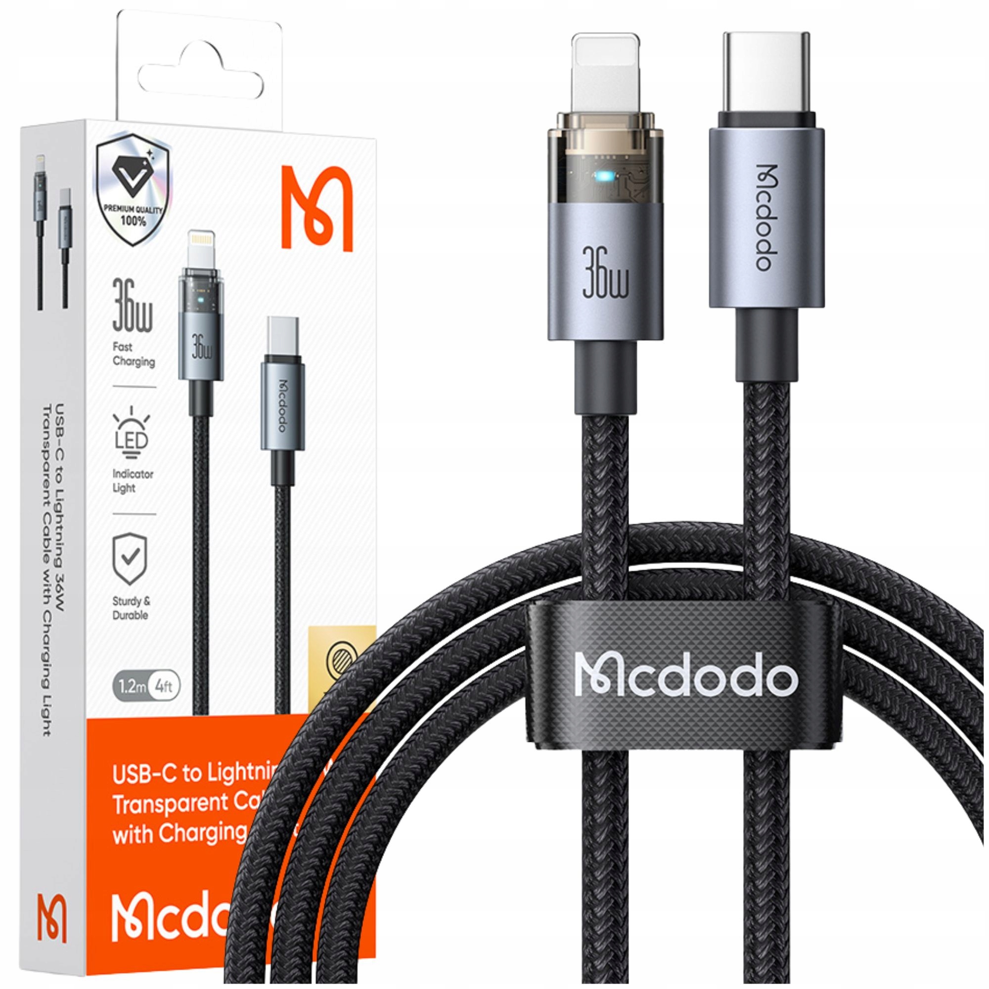 Mcdodo Usb-c-schnellladekabel Für Iphone Lightning 36w 1m Led Schwarz