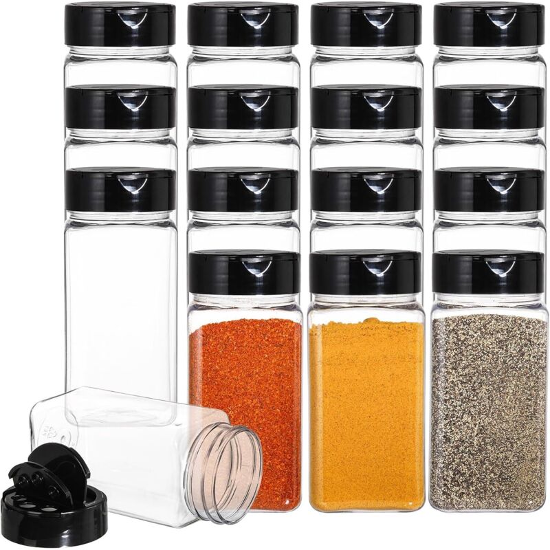 Set Mit 16 Lebensmittelechten Gewürzgläsern Aus Kunststoff Mit Schwarzen Deckeln, 260 Ml, Ideal Für Kräuter Und Pulver - Ulisem