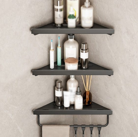 Schwarzes Dreistufiges Badezimmer-eckregal Ohne Bohren, 30233,2 Cm, Regalhöhe Frei Verstellbar