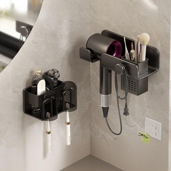 Wandmontierter Haartrockner- Und Zahnbürstenhalter – Multifunktionaler Schwarzer Organizer Für 2 Personen, 24 X 11 X 8 Cm
