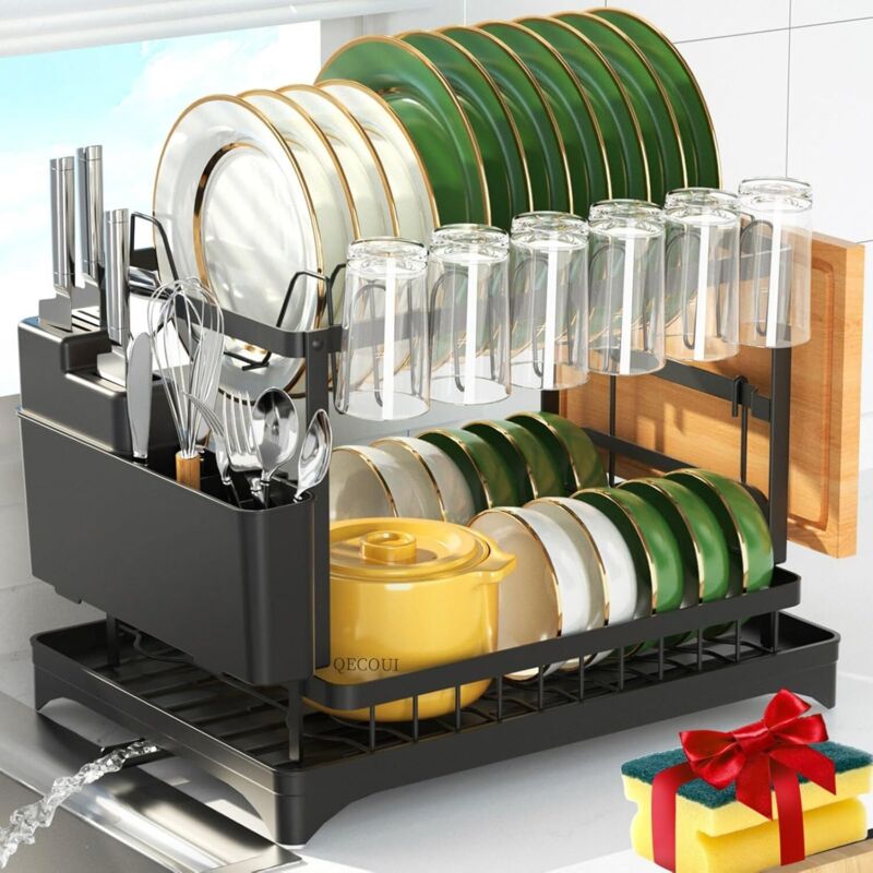 Kompakter Und Stabiler 2-stöckiger Geschirrtrockner Für Die Arbeitsplatte, Robuster Schwarzer Stahlrahmen, Maße 60 X 40 X 35 Cm - Ulisem