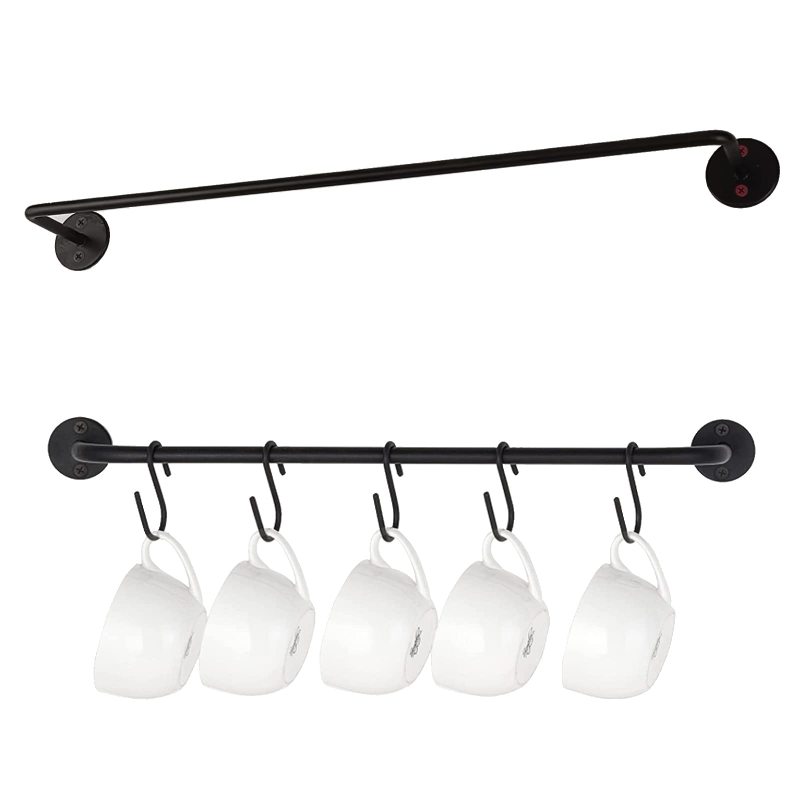 Wandmontierter Kaffeetassenhalter (schwarze Metallstange Mit 5 Abnehmbaren Haken)