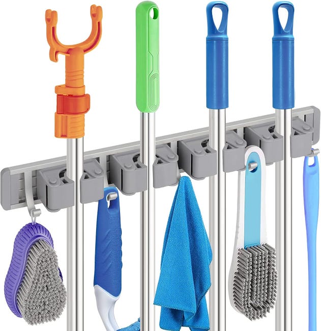 2 Stück Vier Haken Aluminium Besenhalter Wandhalterung, Besenhalter, Mopphalter Wandhalterung Schwarz + Silber