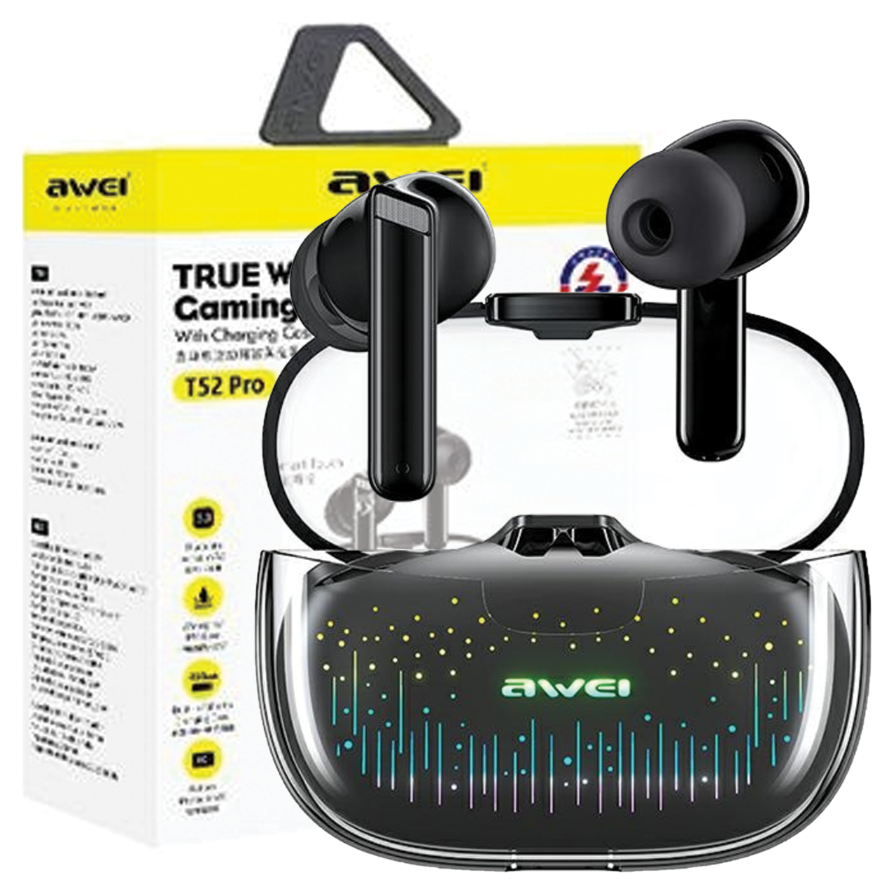 Awei Bluetooth 5.3 T52 Pro2tws Kopfhörer + Dockingstation, Schwarz/schwarz