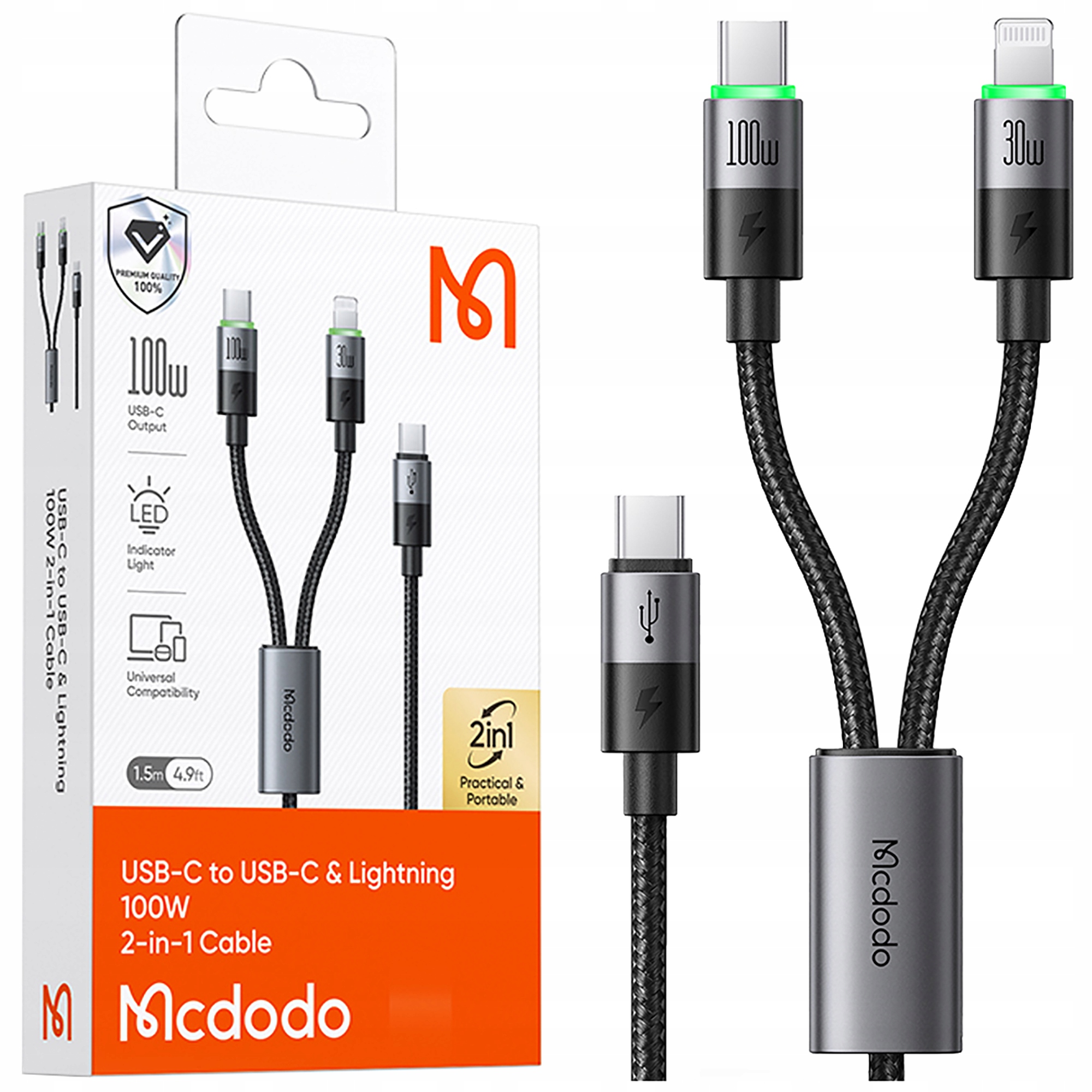 Mcdodo Usb-c 2-in-1-schnellladekabel Für Iphone 14, Macbook, Led, 100 W, 2 M