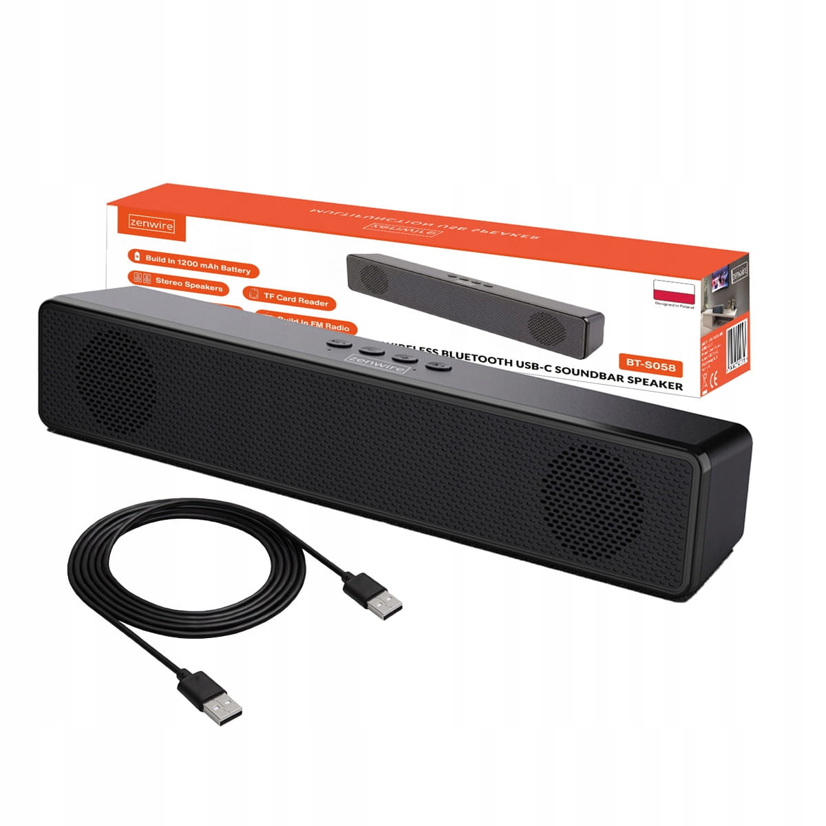 Mini-soundbar, Tragbarer Bluetooth-lautsprecher, Kabelloses Fm-radio, Sd-, Usb- Und Aux-speicher, Zenwire Bt-s058
