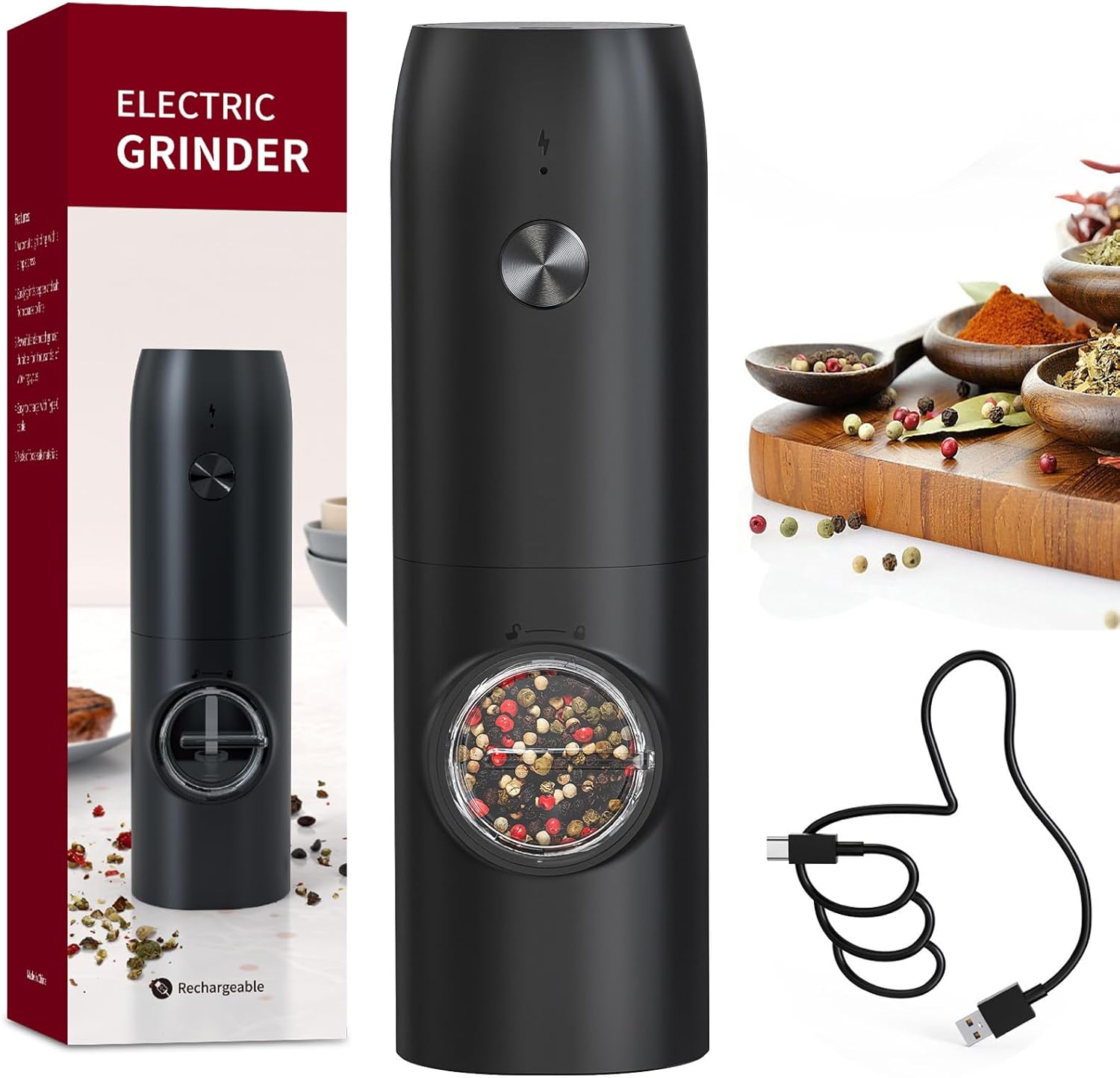 Elektrische Pfeffermühle, Wiederaufladbare Gewürzmühle Mit Weißem Led-licht, 70 Ml Fassungsvermögen Und Einstellbarer Größe, Schwarz