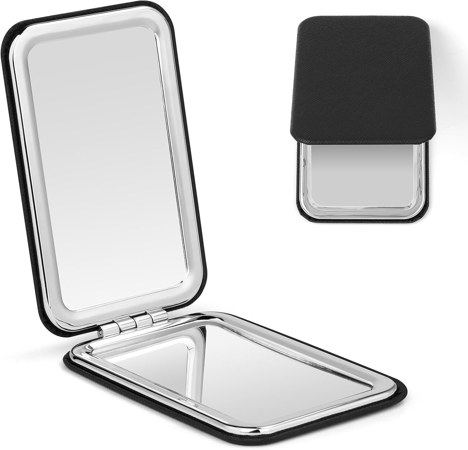 Kompaktspiegel, Taschen-make-up-spiegel Mit 1/x2-vergrößerung, Schwarzer Doppelseitiger Taschenspiegel Für Damen Und Herren, Handtaschengröße, Etui (schwarzes Leder)