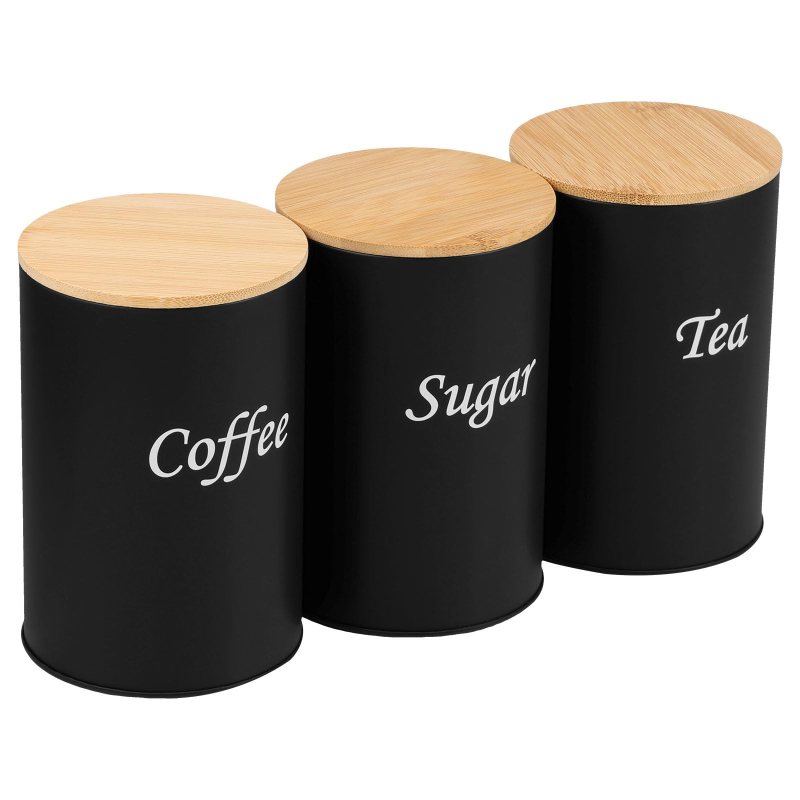 Set Aus 1000-ml-aufbewahrungsbehältern Für Kaffee, Zucker Und Tee Mit Bambusdeckeln, Für Küche Und Haushalt (rund, Schwarz)