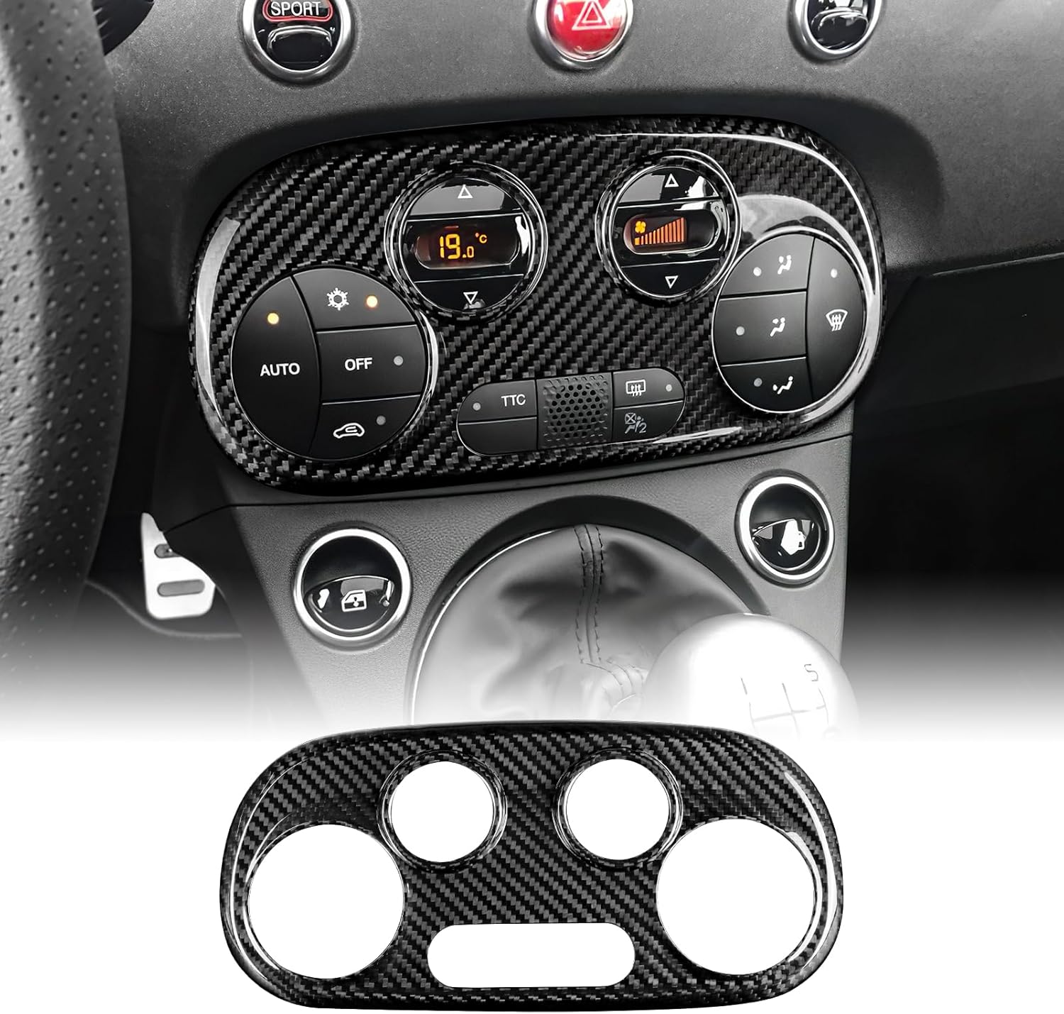 Für Fiat 500 2008–2023, Abarth 595 2012–2023, Auto-zentralsteuerung, Ac, Hartkarbonfaser-schalttafel, Dekorativer Aufkleber, Innenzubehör, Geschenk, Schwarz, Stil B