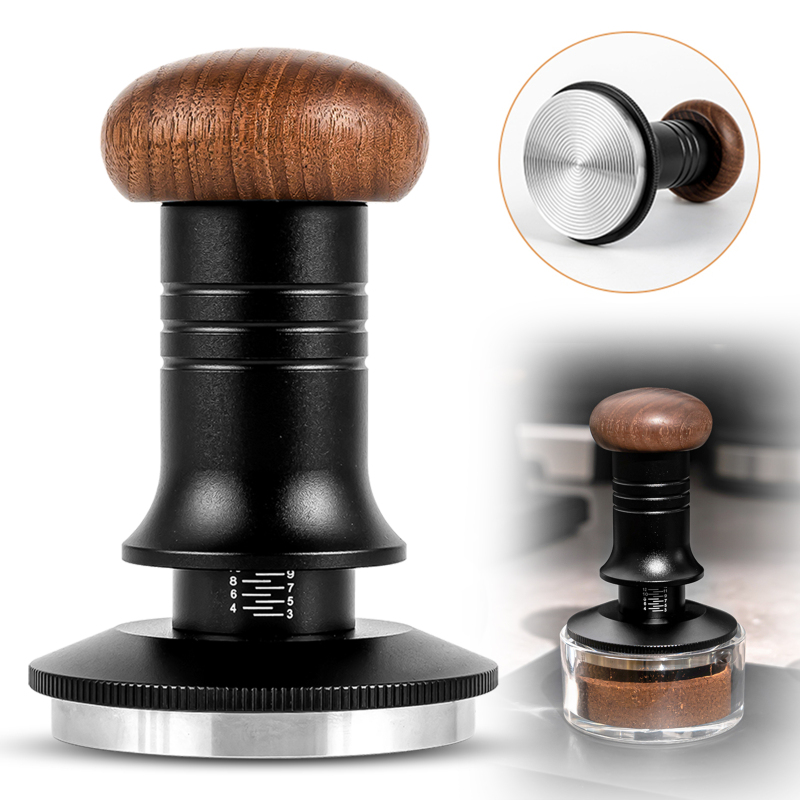 Kaffeetamper 51 Mm, 13,6 Kg (30 Lbs), Mit Kalibrierter Feder, Einstellbarer Tiefe, Mit Sockel Aus Edelstahl 304 Und Ergonomischem Griff Aus Walnussholz.