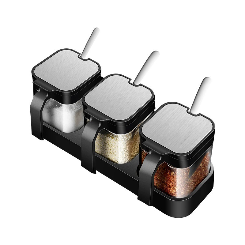 Set Mit 3 Gewürzdosen Aus Glas, Transparente Quadratische Gewürzdosen Mit Edelstahllöffel, Küchengewürzbox Mit Boden Zum Kochen Von Gewürzen, Zucker, Salz, Samen, Tee (schwarz)