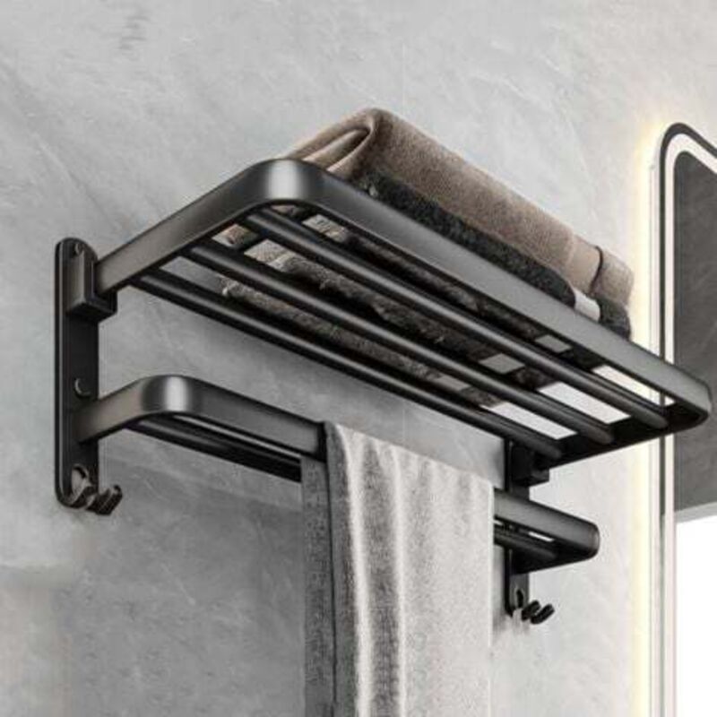 [niemals Verwendet] Badezimmer-aufbewahrungsset – Handtuchhalter Aus Schwarzem Aluminium, Kein Bohren Erforderlich – Elegant Und Praktisch, 50 Cm