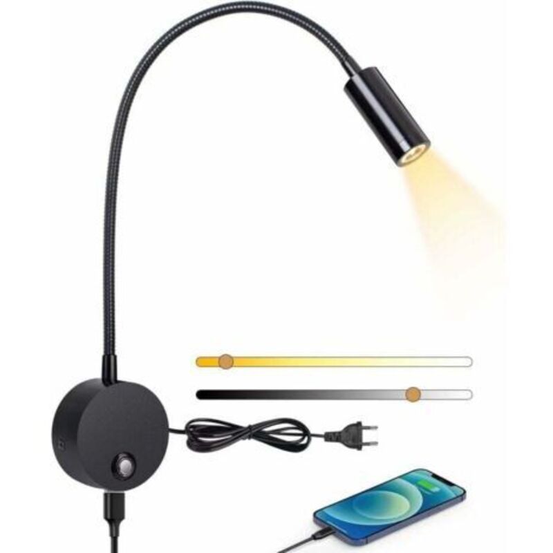 [niemals Verwendet] Wandmontierte Leselampe, Led-nachttischlampe Mit Dimmbarem Touch-schalter Und Usb-ladeanschluss, 3 W, 360° Schwenkbare Leselampe Mit Stecker Und Kabel Fürs Schlafzimmer, 3000–6000