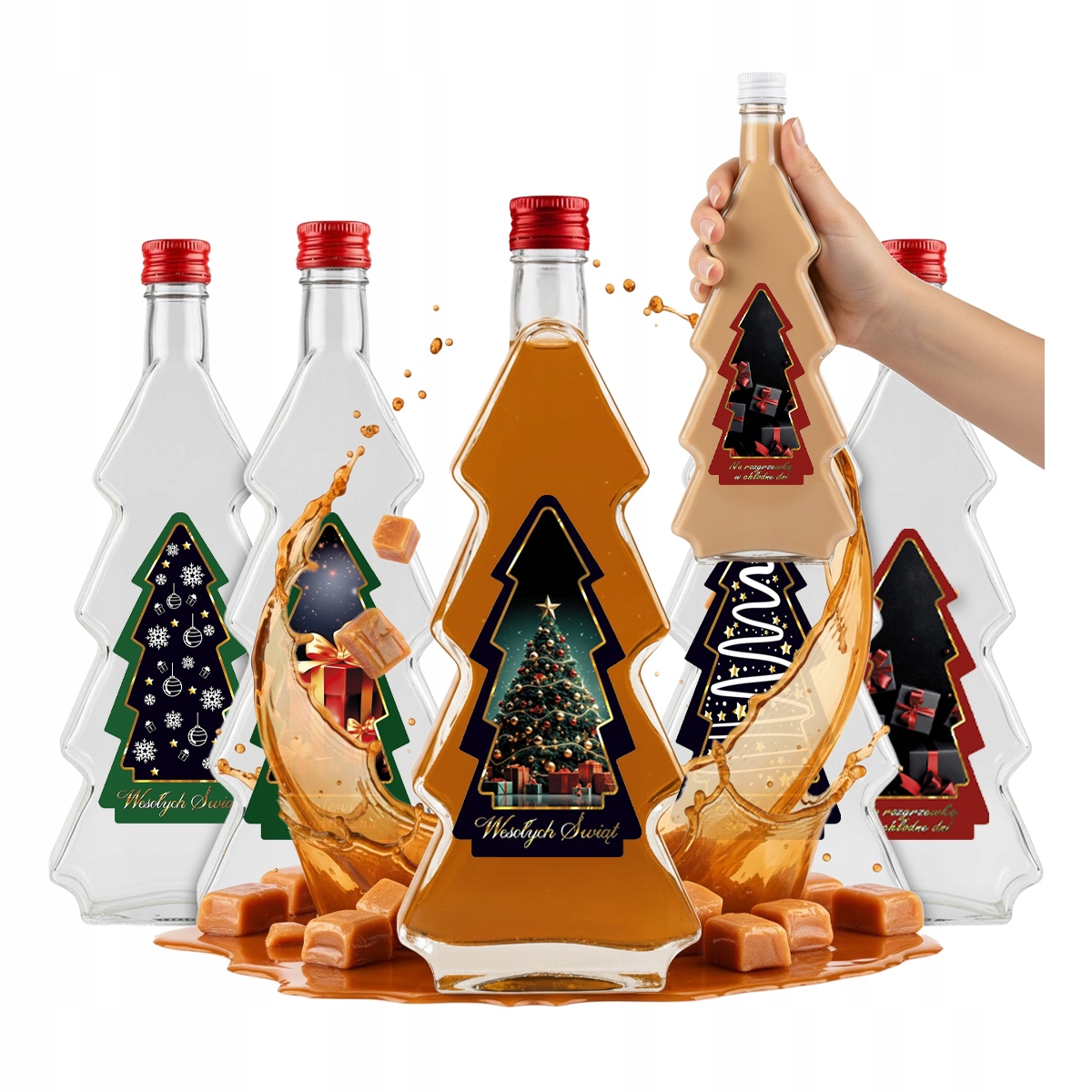 5 Flaschen Mit Weihnachtsbaum-motiv (500 Ml) + Flaschen Mit Weihnachtsbaum-etikett Für Weihnachtsliköre Und Wein