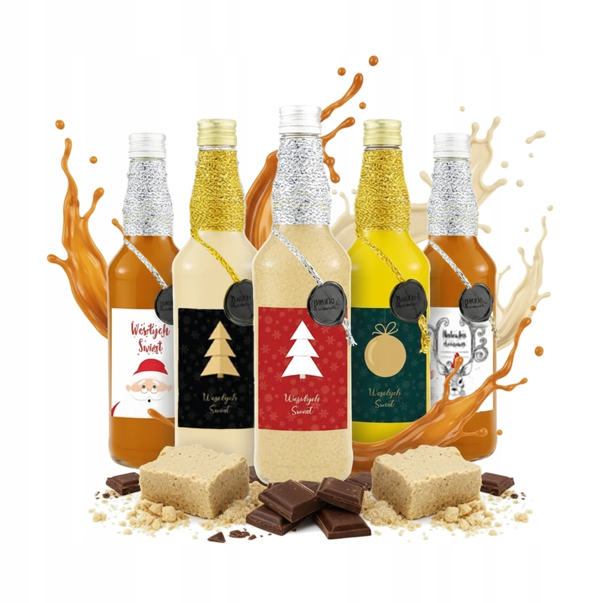 5x Monopol Glasflaschen 500ml, Weihnachtlich Dekoriert, Für Liköre Und Weine