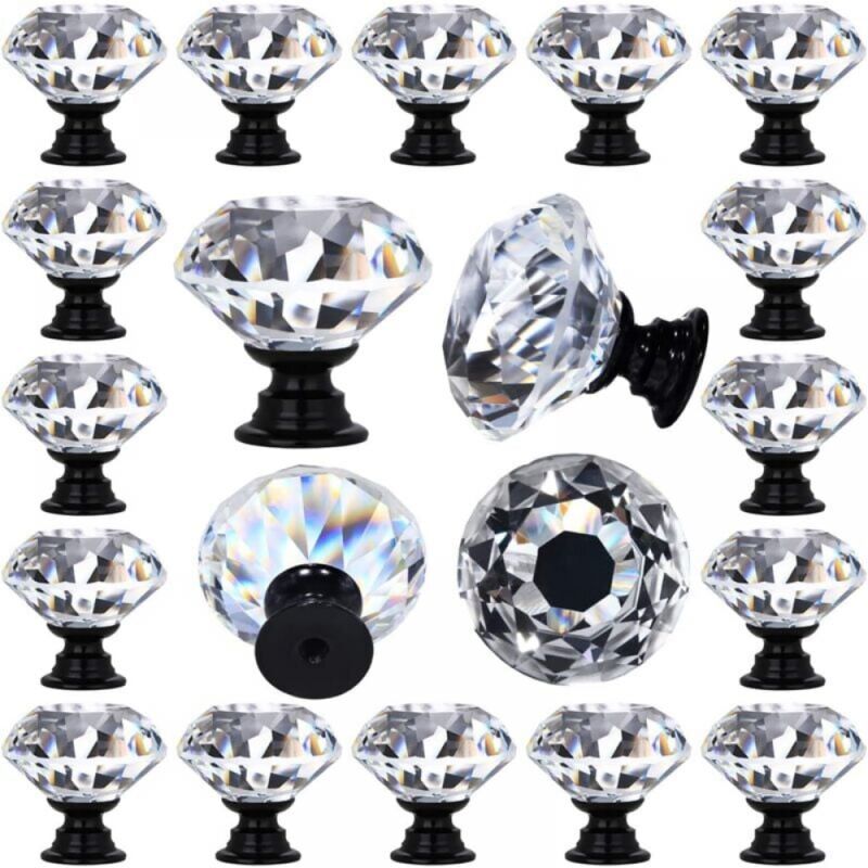 Packung Mit 20 Schubladengriffen Aus Klarem Kristallglas, Verziert Mit Diamanten, Küchenschrankgriffe, 30 Mm (1-1/4 Zoll) Schwarzer Sockel