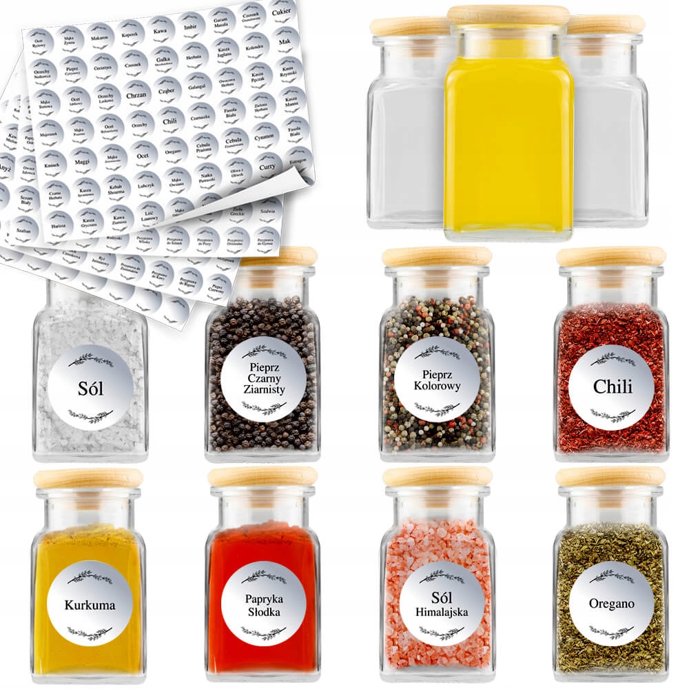 Gewürzglas, Kräuterglas, Salzglas 150 Ml, Holzverschluss + 252 Aufkleber