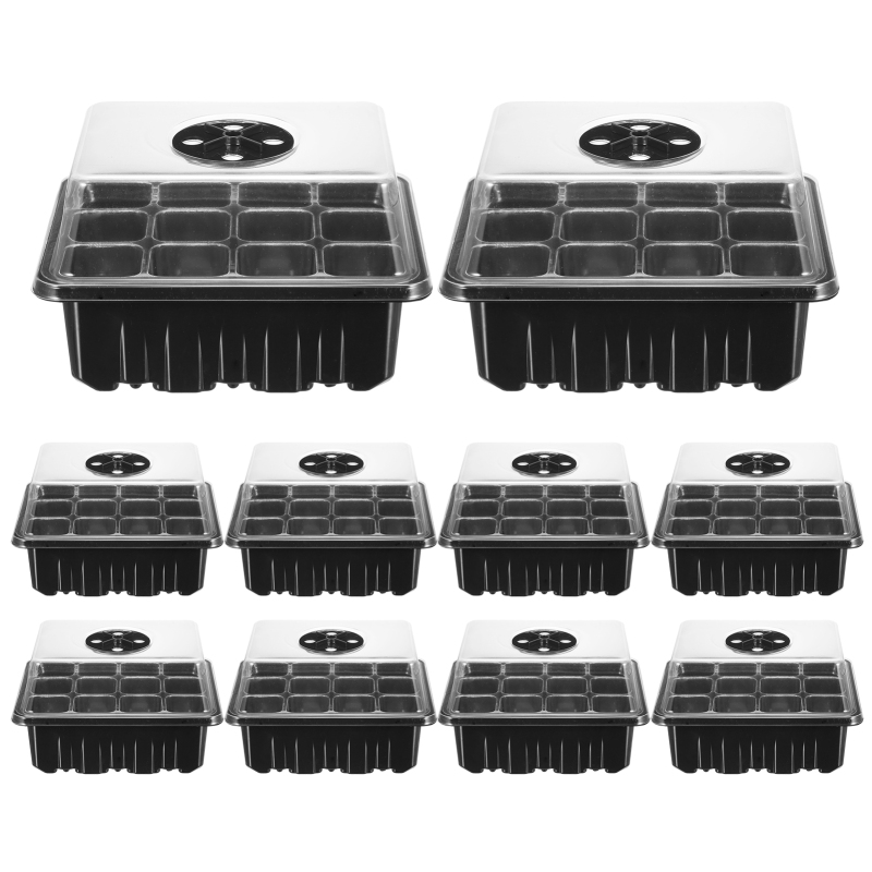 Set Aus 10 Anzuchtschalen Mit Je 12 Zellen, Transparenten Kuppeln Und Feuchtigkeitsregulierbaren Bodenschalen Zur Keimung Und Zum Wachstum Von Gartensetzlingen.