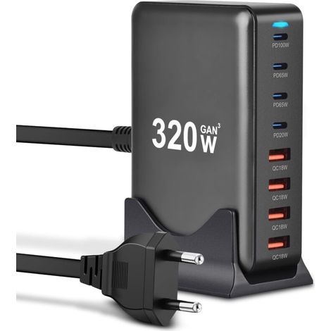 320-w-usb-c-ladegerät. 8-port-multifunktions-wandladegerät Mit 4 Usb-c- Und 4 Usb-a-anschlüssen. Schnellladestation Kompatibel Mit Macbook Pro/air, Iphone, Ipad Pro, Galaxy Und Steam Deck.