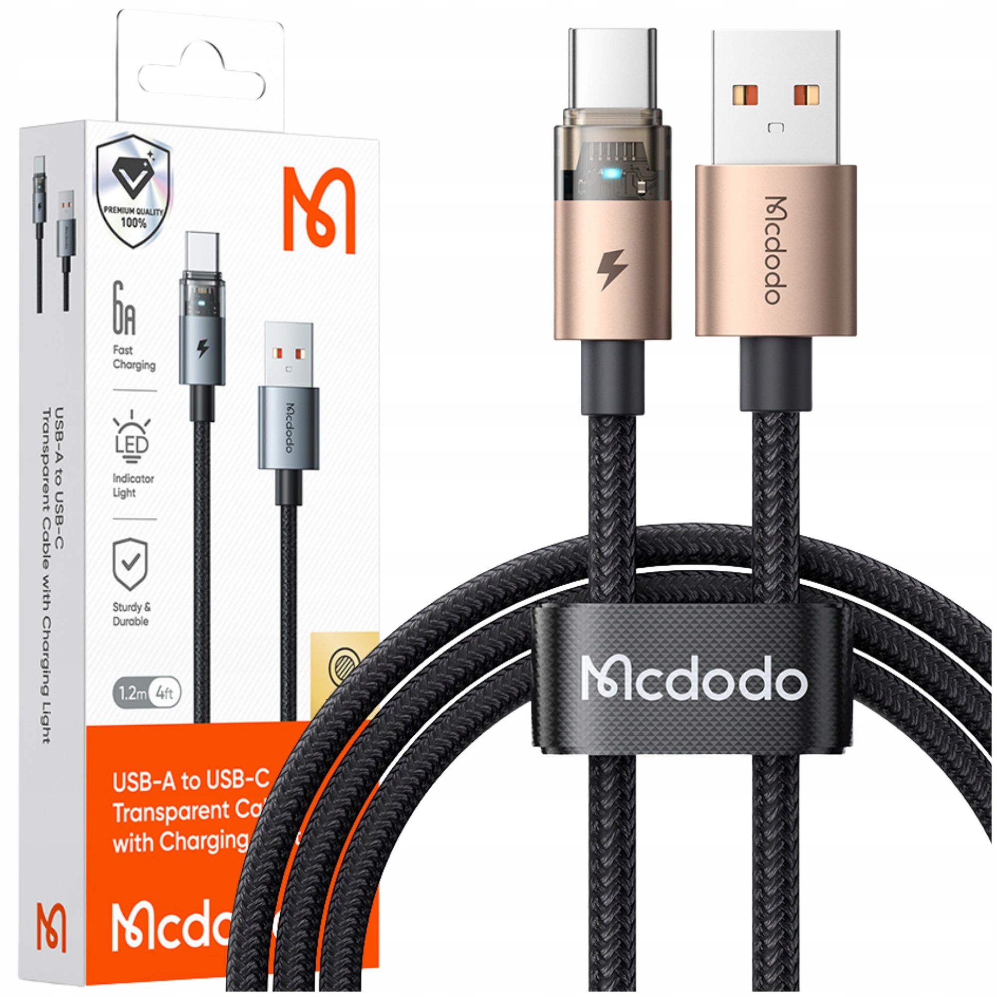 Mcdodo Usb-a/usb-c-schnellladekabel, Usb Typ C, 6 A, 100 W, 1 M, Led, Gold