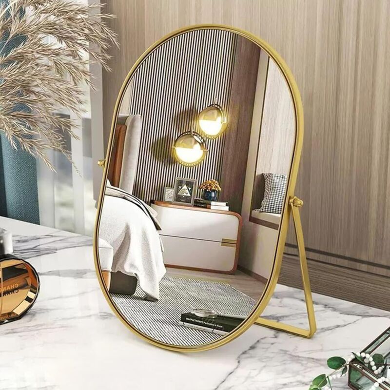[niemals Verwendet] Goldener, Ovaler Kosmetikspiegel Mit Metallrahmen – Tragbar, Einseitig, Verstellbar – Geeignet Für Schminktisch, Wohnzimmer, Schlafzimmer