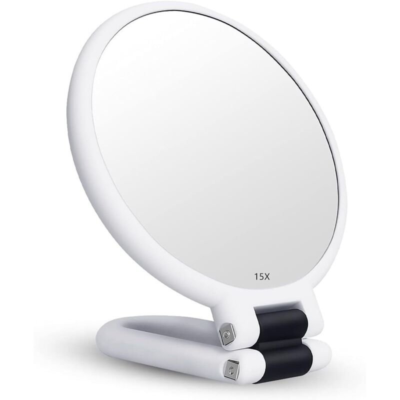 Oem – Doppelseitiger Klappspiegel Mit 15-facher Vergrößerung Und Griff – Hochwertiges Optisches Glas – Für Make-up Und Haarstyling – Silber