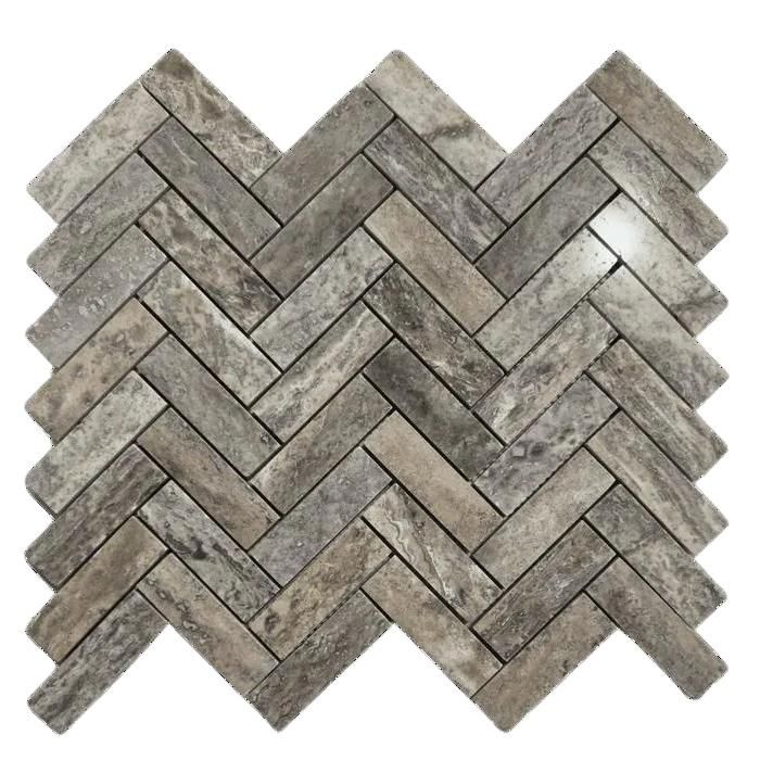 Mosaik Chevron Aus Poliertem Silbertravertin - Zeitlose Eleganz 30x30 Cm
