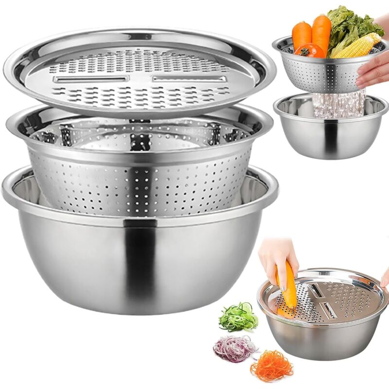 3-in-1 Edelstahl-set: Abtropfschale, Rührschüssel, Reibe, Multifunktionale Schüssel Für Salat, Obst, Gemüse Und Reis – Ulisem