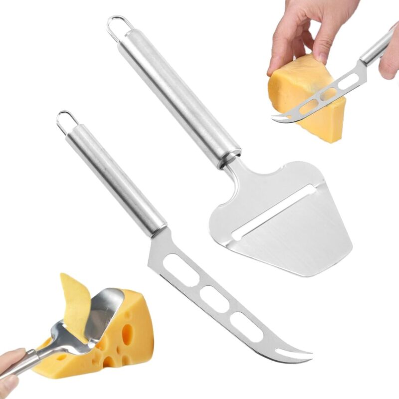 Set Mit 2 Käsemessern Aus Edelstahl: Ideal Zum Schneiden Von Weichkäse, Schokolade Und Pizza.