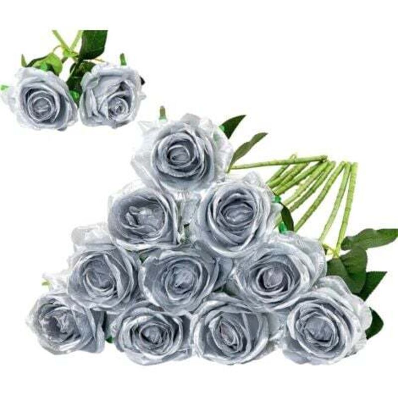 [niemals Verwendet] Set Mit 12 Künstlichen Seidenrosen (silber) Für Heimdekoration, Hochzeitsfeier