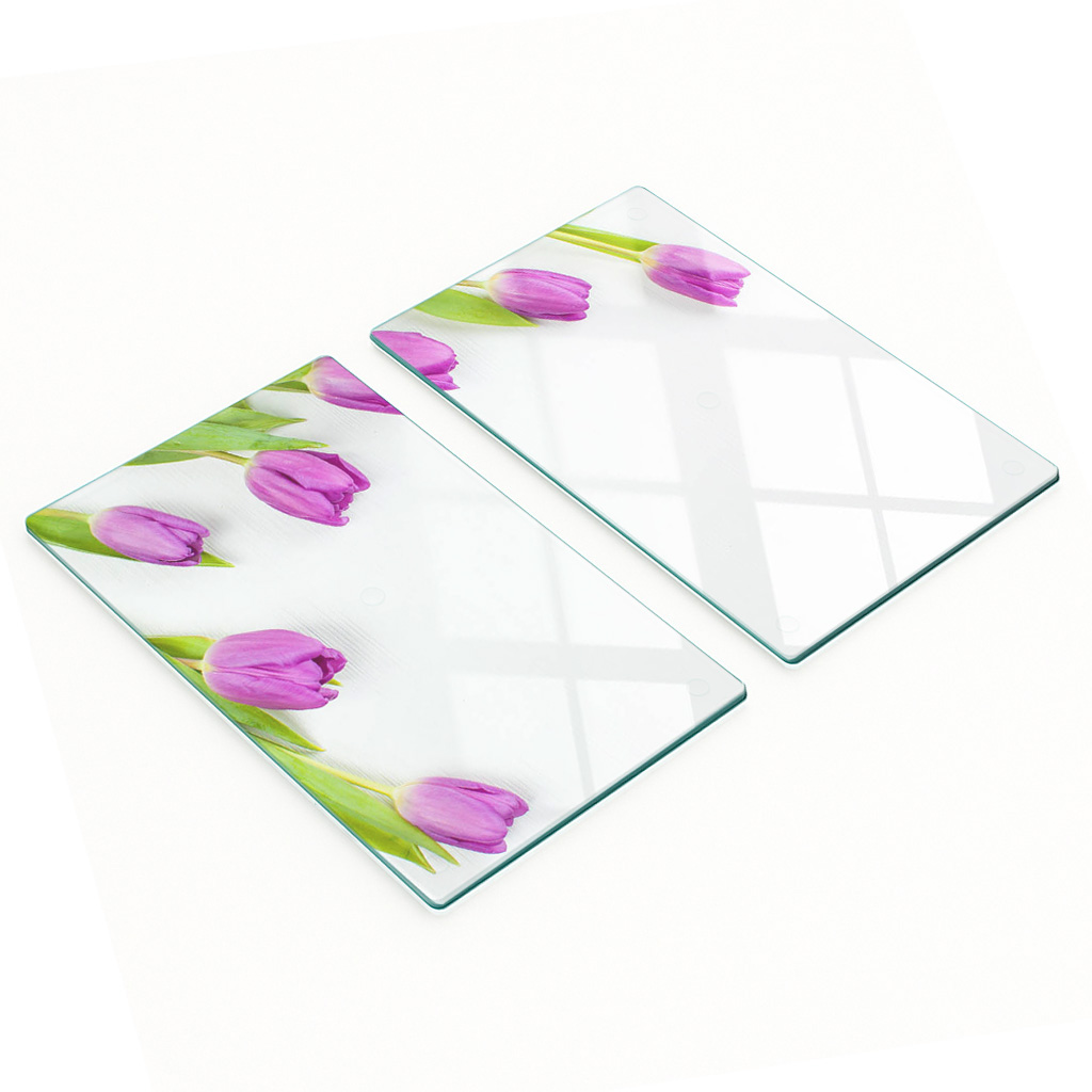 Gehärtete Glasplatten Mit Dekorativem Muster Aus Lila Tulpen, 2 X 30 X 52 Cm