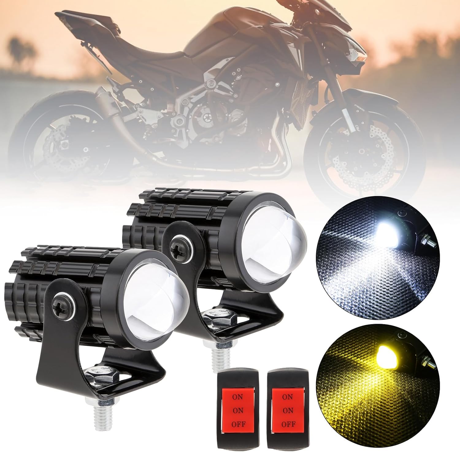 2 Stück 32-w-led-motorradscheinwerfer, Wasserdicht, Mit Schalter, Zweifarbig (gelb/weiß, Fern-/abblendlicht), 8–80 V, 2400 Lm, 3000–6000 K, Zusatzscheinwerfer