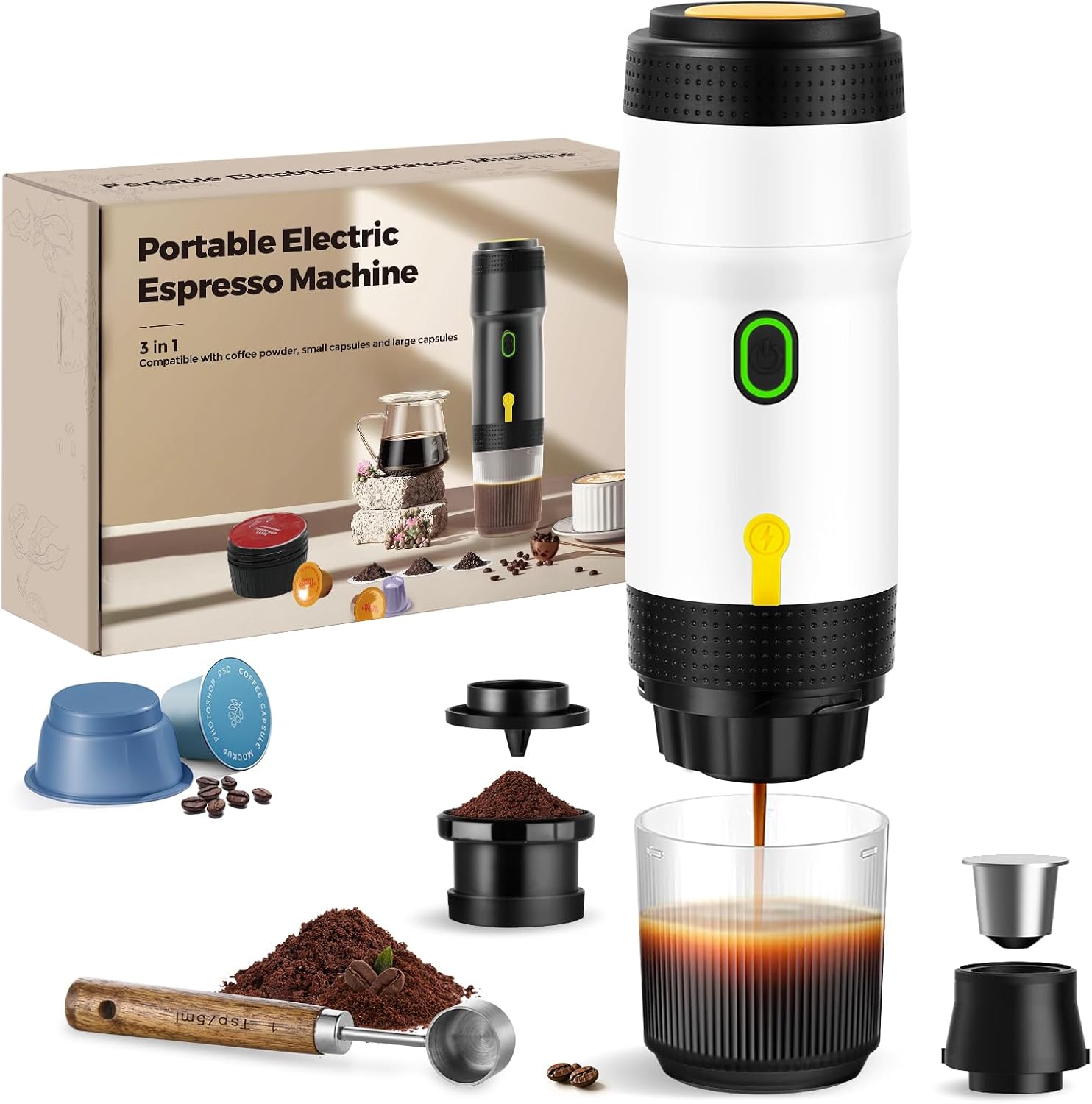 Tragbare Kaffeemaschine, 3-in-1-espressomaschine, 20 Bar Druck, 92 °c Extraktion, 7500 Mah Akku, Usb/auto-aufladung, Für Kapseln Und Gemahlenen Kaffee (weiß)