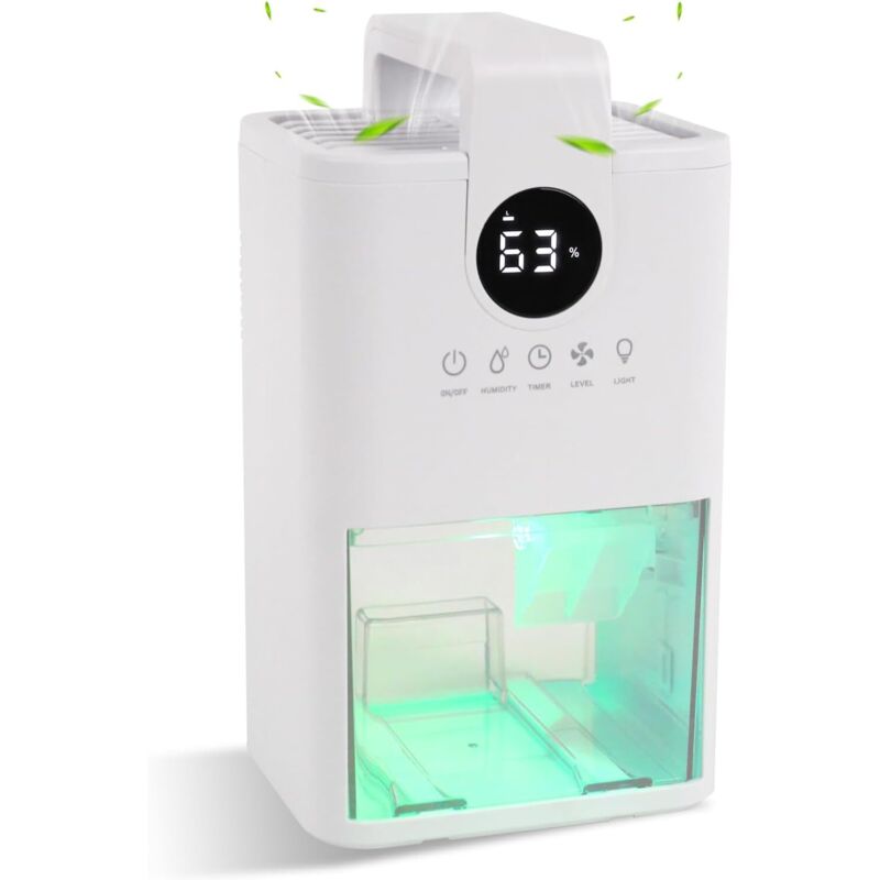 Tragbarer 5-in-1-luftentfeuchter Mit Griff, Timer Und Automatischer Abschaltung – Bis Zu 600 M², 7-farbige Led-beleuchtung, Integrierte Wasserwaage