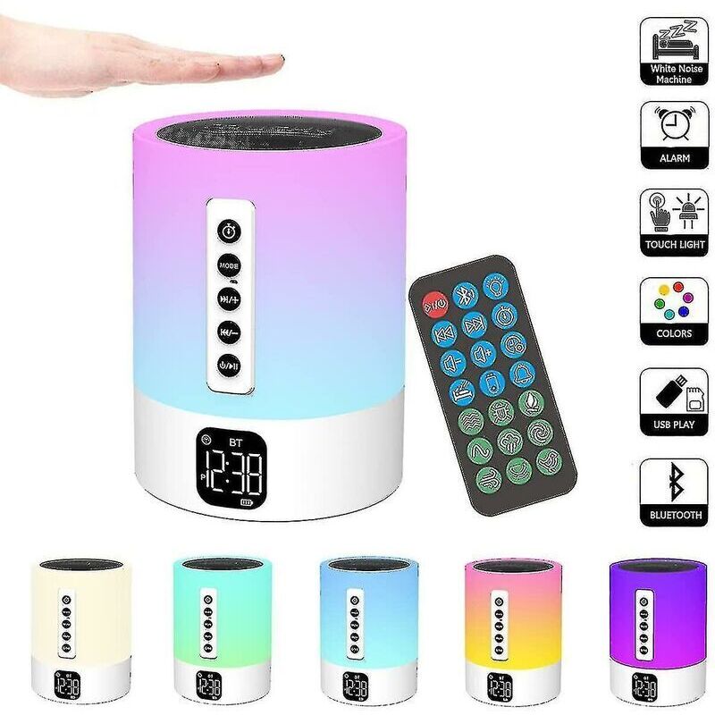 Bluetooth-nachtlicht Mit Lautsprecher. Weißes-rauschen-gerät. Touch-nachttischlampe Mit Wecker Und Bluetooth-lautsprecher. Dimmbarer, Mehrfarbiger Nachttisch Mit Farbwechselfunktion.