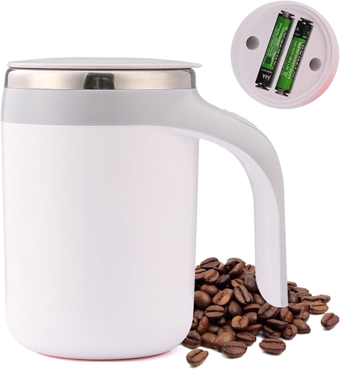 Kaffeetasse, Isolierbecher, 380 Ml, Automatisch Mischender, Doppelschichtiger Isolierbecher Mit Deckelgriff, Verbrühungssicherer Edelstahlbecher Für Zuhause, Schule, Büro (weiß)