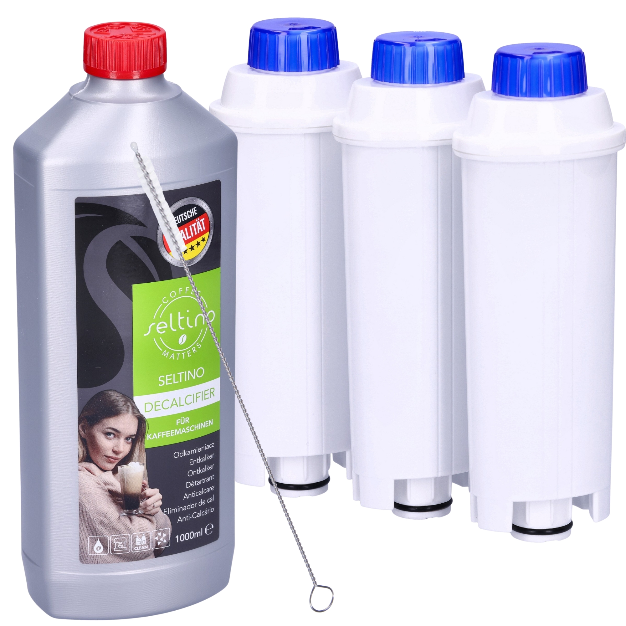 Seltino-set Für Delonghi Kaffeemaschine: 3 X Seltino Ovale Filter, 1 L Entkalker, Reinigungsbürste
