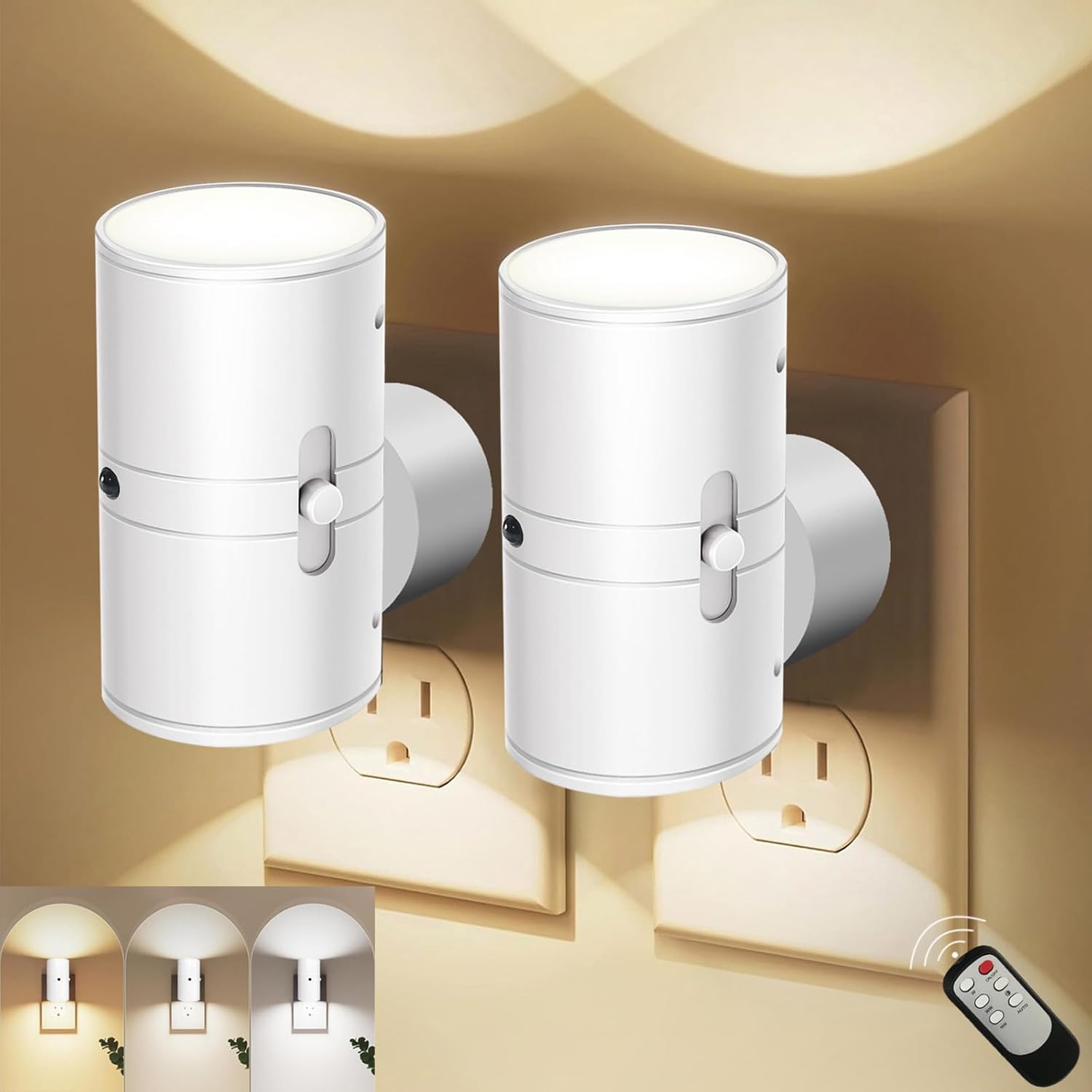 Led-nachtlicht Zum Einstecken – Mit Dämmerungssensor – Automatisches Einschalten Bei Dämmerung – Dimmbares Dreifarbiges Licht, Geeignet Für Schlafzimmer Und Flure – Mit Fernbedienung – 2er-pack (weiß)
