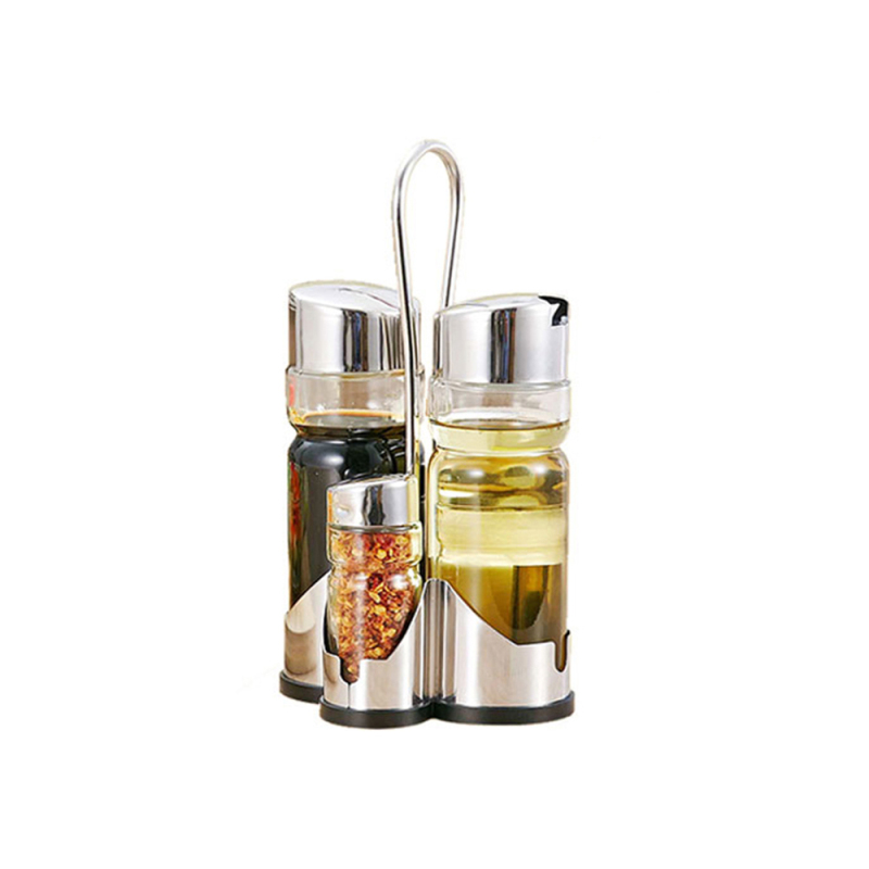 Gewürzglas-set, 4-in-1-gewürzbehälter, Öl- Und Essigspender, Glaskaraffen, Ständer, Edelstahldeckel