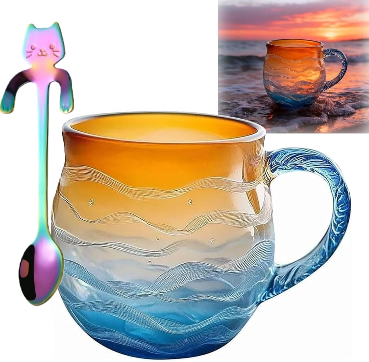Meeresglas-sonnenuntergangsschicht, Goldene Gezeitenschicht, Mundgeblasene, Kunstvolle Meereswellen-tasse, Stil 1