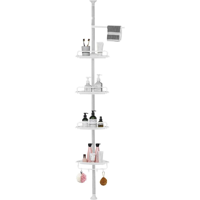 Verstellbare Duschablage Ohne Bohren, Edelstahl, 4 Körbe + Handtuchhalter, Höhenverstellbar Von 95 Bis 305 Cm, Weiß
